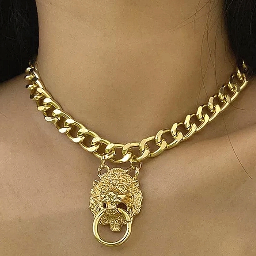Exaggerated Gold Lion Chain Link Choker Necklace